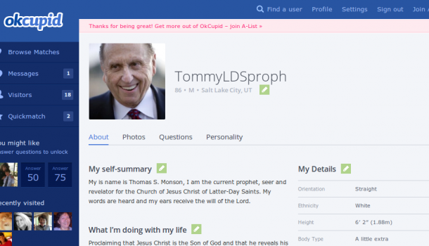 Thomas S. Monson Hopes to Find New Helpmeet, Joins OKCupid